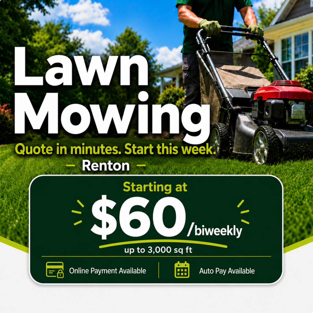 Weekly and bi-weekly lawn mowing service in Renton, WA.