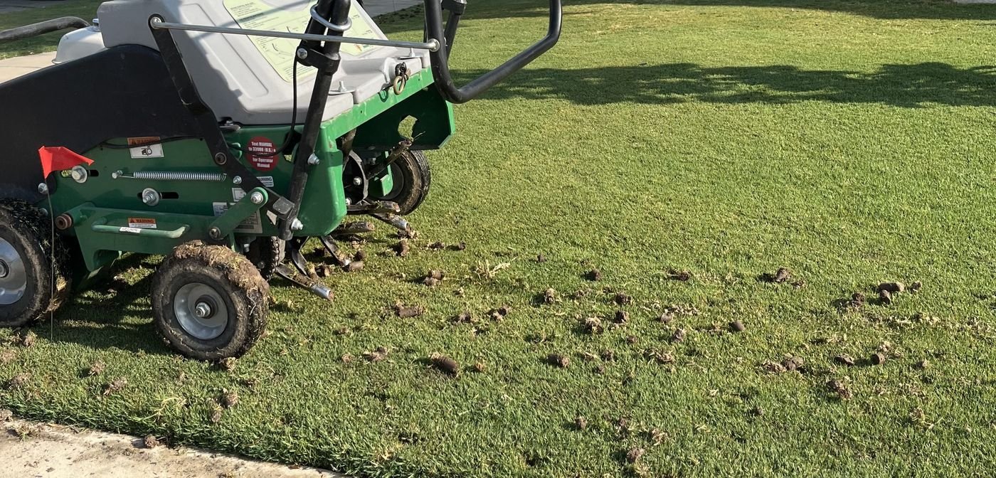 Core aerator pulling soil plugs across a residential lawn